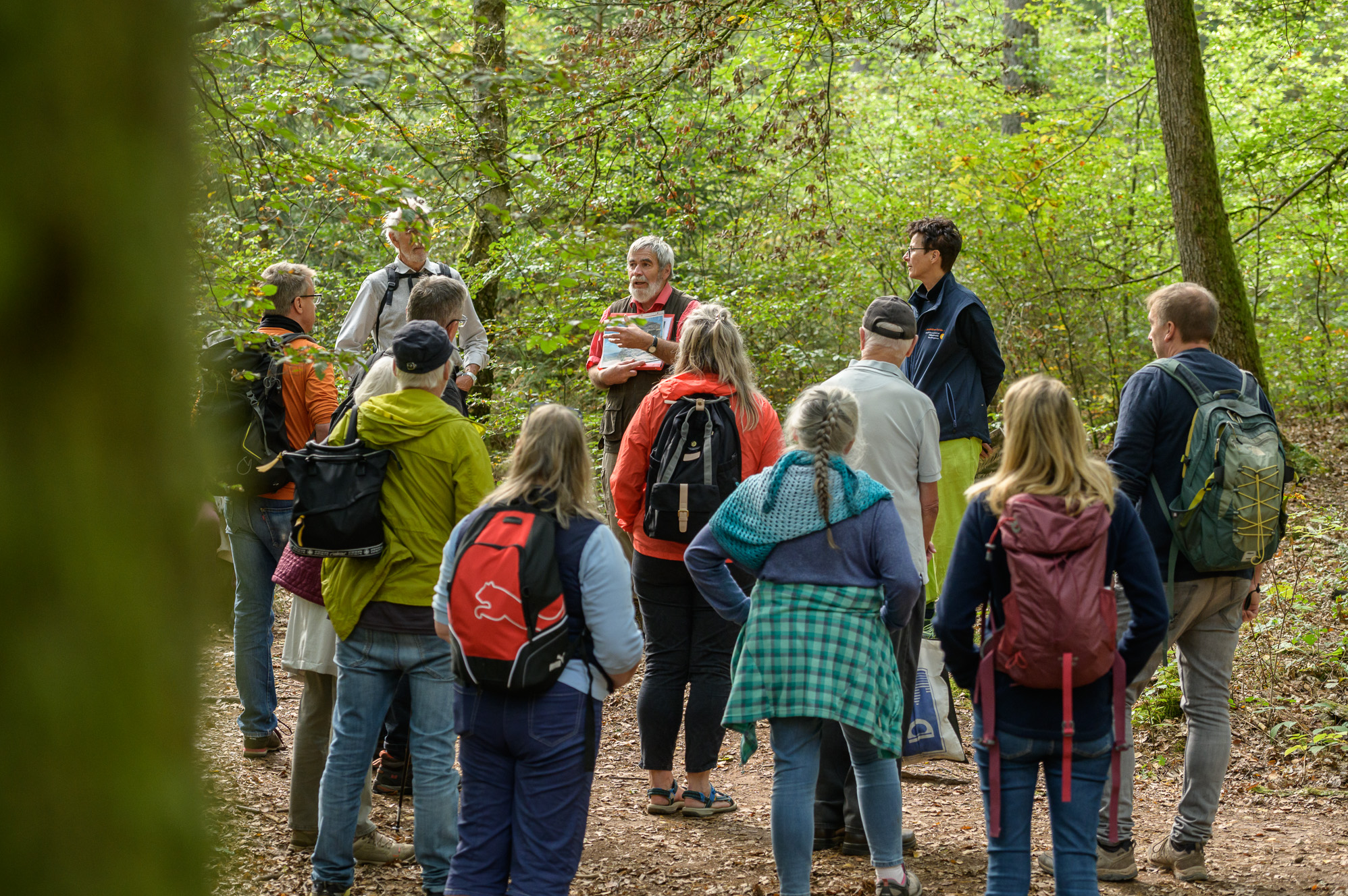 Eine Gruppe im Wald bei einer Biosphärenwanderung