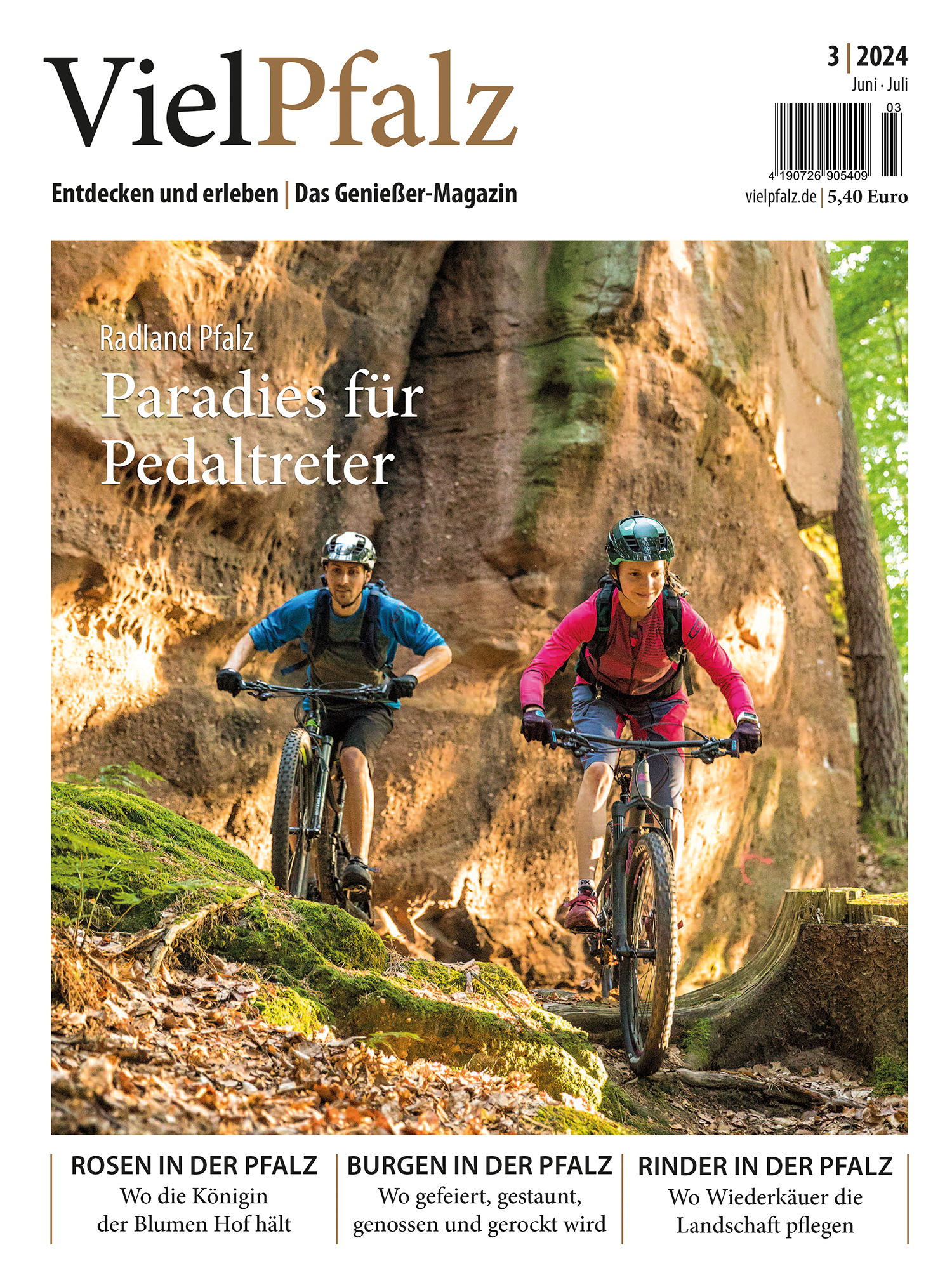 Titelseite VielPfalz 3/2024, Mountainbiker im Pfälzerwald